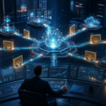 Responsable sécurité supervisant un noyau d’intelligence artificielle relié aux identités, applications, données et terminaux par des points de contrôle