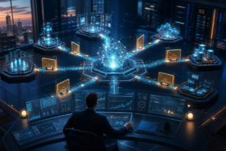 Responsable sécurité supervisant un noyau d’intelligence artificielle relié aux identités, applications, données et terminaux par des points de contrôle