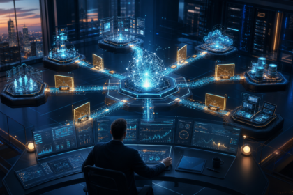Responsable sécurité supervisant un noyau d’intelligence artificielle relié aux identités, applications, données et terminaux par des points de contrôle