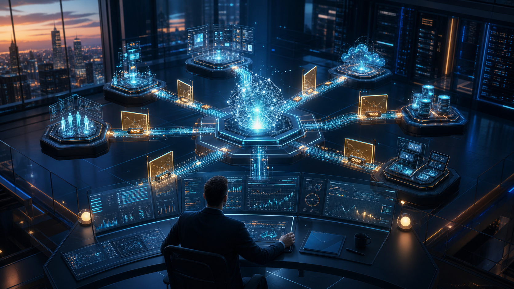 Responsable sécurité supervisant un noyau d’intelligence artificielle relié aux identités, applications, données et terminaux par des points de contrôle