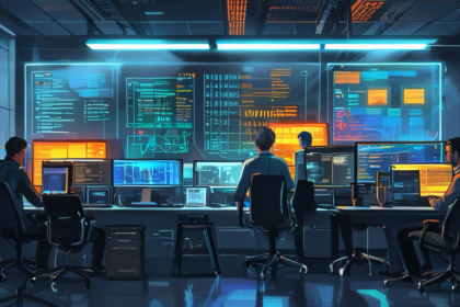 Une équipe informatique supervise la mise à jour d’un parc de navigateurs depuis un centre de cybersécurité.