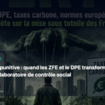 Illustration éditoriale pour « L’écologie punitive : quand les ZFE et le DPE transforment la France en laboratoire de contrôle social »
