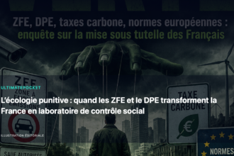 Illustration éditoriale pour « L’écologie punitive : quand les ZFE et le DPE transforment la France en laboratoire de contrôle social »