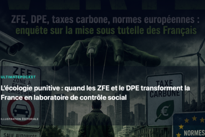 Illustration éditoriale pour « L’écologie punitive : quand les ZFE et le DPE transforment la France en laboratoire de contrôle social »