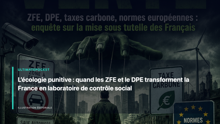 Illustration éditoriale pour « L’écologie punitive : quand les ZFE et le DPE transforment la France en laboratoire de contrôle social »