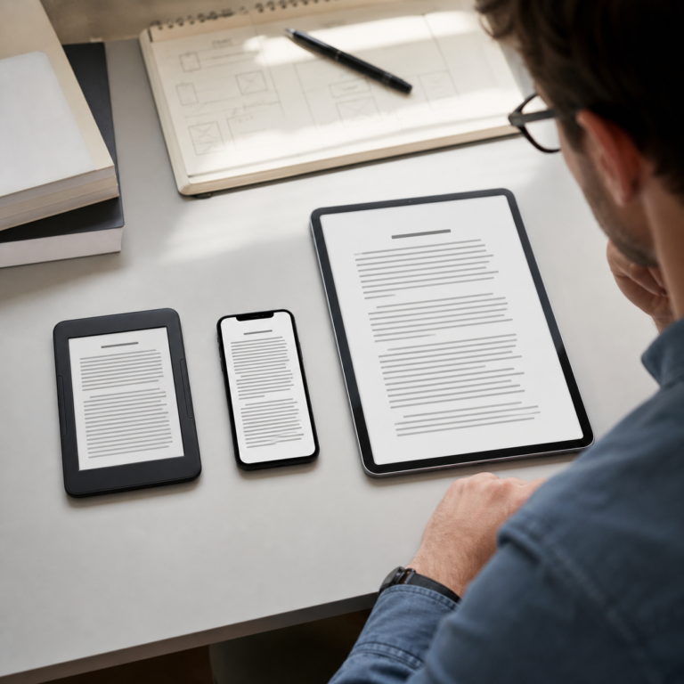 Illustration éditoriale pour Livres numériques : réussir une mise en page fluide sur liseuse et smartphone