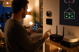 Illustration éditoriale pour Maison connectée locale : que continue-t-il de fonctionner quand Internet tombe ?