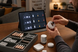 Illustration éditoriale pour Home Assistant : organiser la maintenance des piles avant que les capteurs disparaissent
