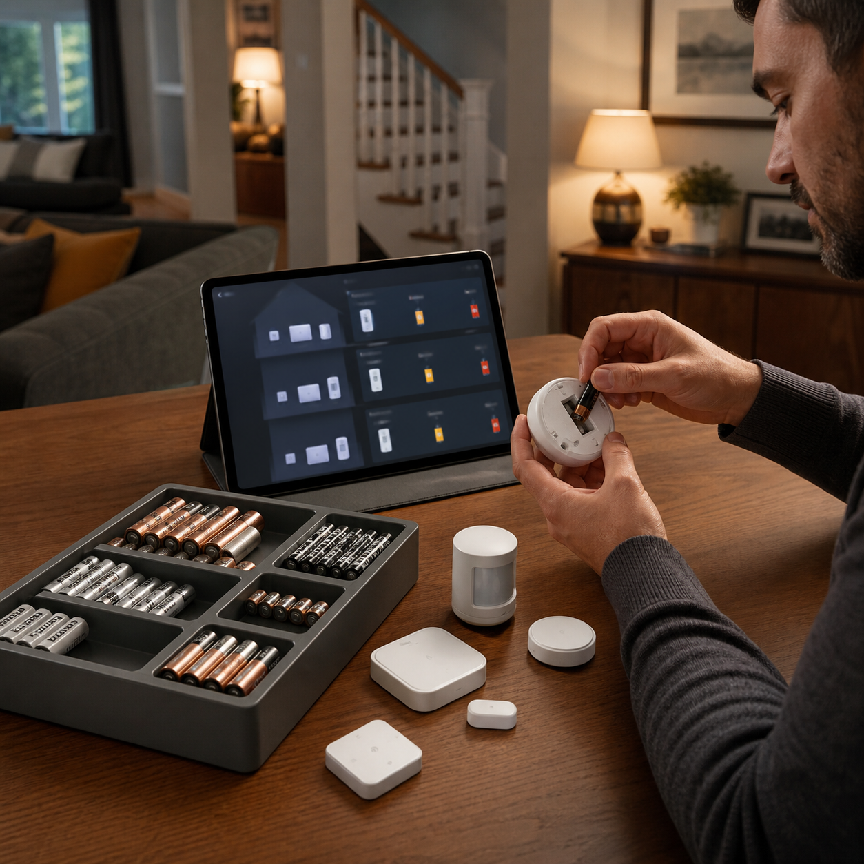 Illustration éditoriale pour Home Assistant : organiser la maintenance des piles avant que les capteurs disparaissent
