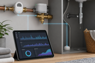 Illustration éditoriale pour Home Assistant : suivre l’eau pour détecter une fuite sans confondre débit et consommation