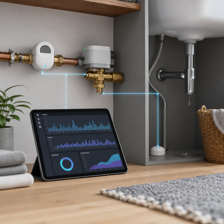 Illustration éditoriale pour Home Assistant : suivre l’eau pour détecter une fuite sans confondre débit et consommation
