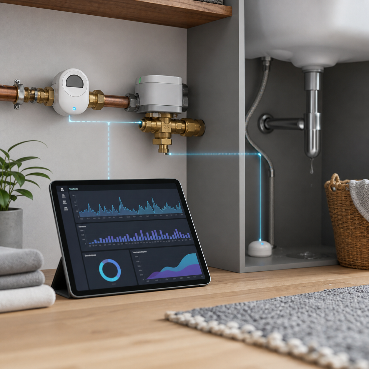 Illustration éditoriale pour Home Assistant : suivre l’eau pour détecter une fuite sans confondre débit et consommation