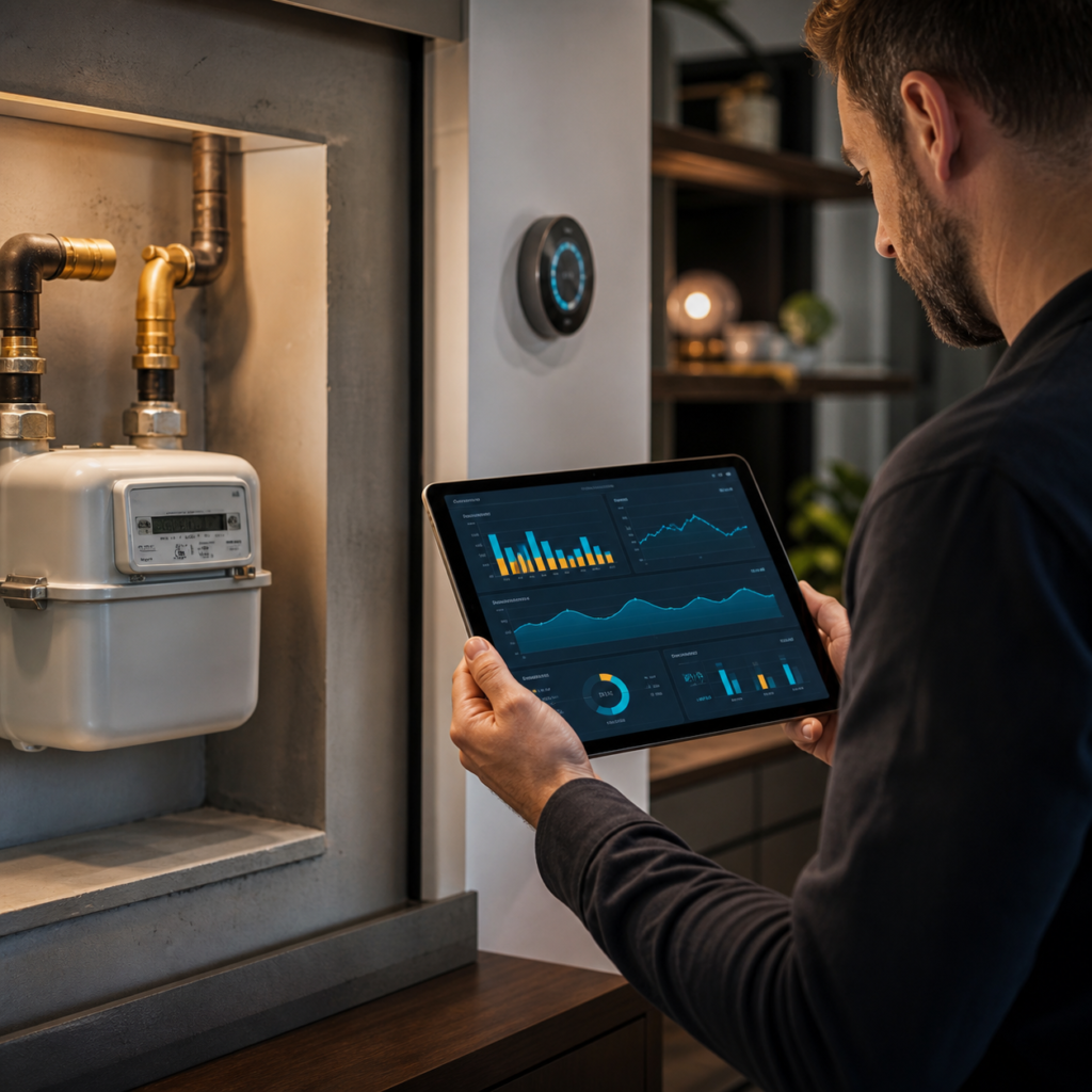 Illustration éditoriale pour Home Assistant : suivre le gaz sans confondre mesure, débit et facture