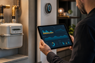 Illustration éditoriale pour Home Assistant : suivre le gaz sans confondre mesure, débit et facture