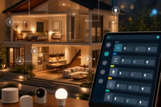 Illustration éditoriale pour Home Assistant : organiser pièces, étages et étiquettes avant que la maison devienne illisible