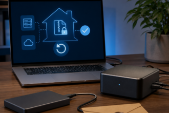 Illustration éditoriale pour Home Assistant : sauvegarder avant une mise à jour et vérifier que la restauration est possible