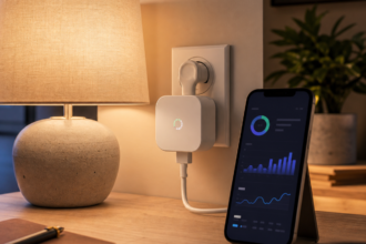 Illustration éditoriale pour Prise connectée avec mesure d’énergie : transformer les watts en décisions utiles