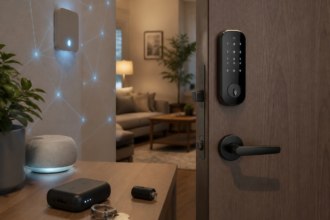 Illustration éditoriale pour Serrure connectée : préparer l’accès de secours avant de confier la porte à Matter