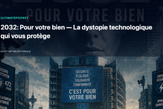 Illustration éditoriale pour « 2032: Pour votre bien — La dystopie technologique qui vous protège »