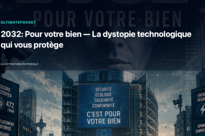Illustration éditoriale pour « 2032: Pour votre bien — La dystopie technologique qui vous protège »