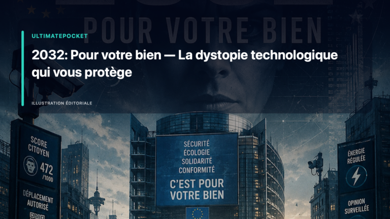 Illustration éditoriale pour « 2032: Pour votre bien — La dystopie technologique qui vous protège »