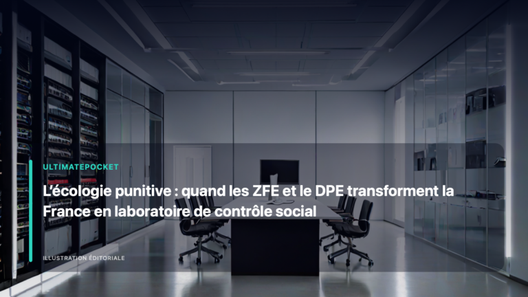 Illustration éditoriale pour « L’écologie punitive : quand les ZFE et le DPE transforment la France en laboratoire de contrôle social »