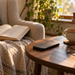 Un smartphone posé écran contre la table à côté d’un livre ouvert, illustration d’un moment de lecture sans interruption.