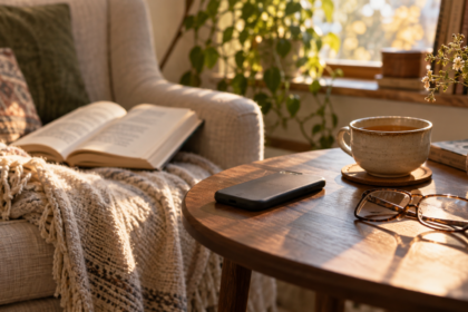 Un smartphone posé écran contre la table à côté d’un livre ouvert, illustration d’un moment de lecture sans interruption.