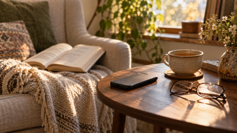 Un smartphone posé écran contre la table à côté d’un livre ouvert, illustration d’un moment de lecture sans interruption.