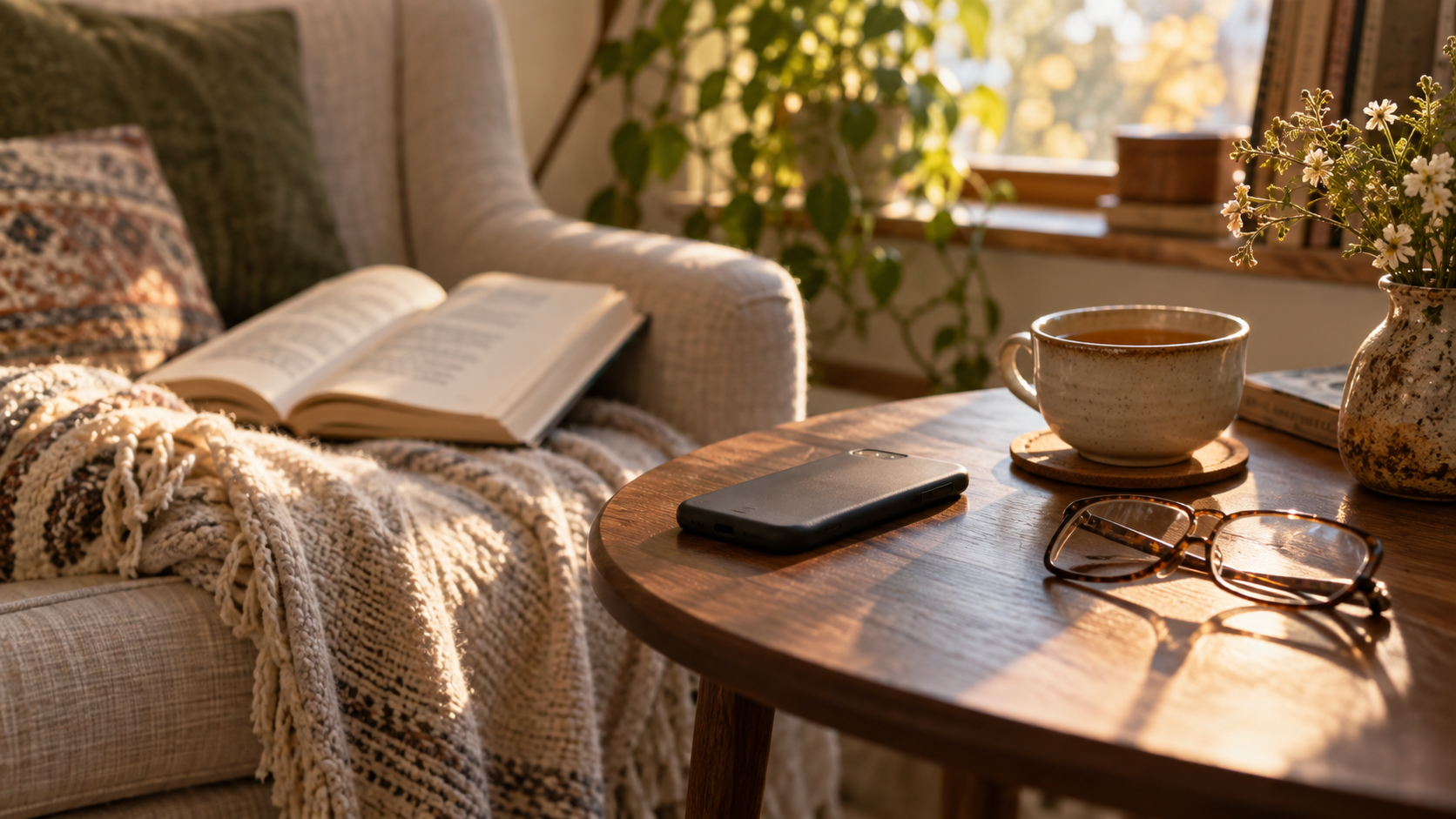 Un smartphone posé écran contre la table à côté d’un livre ouvert, illustration d’un moment de lecture sans interruption.