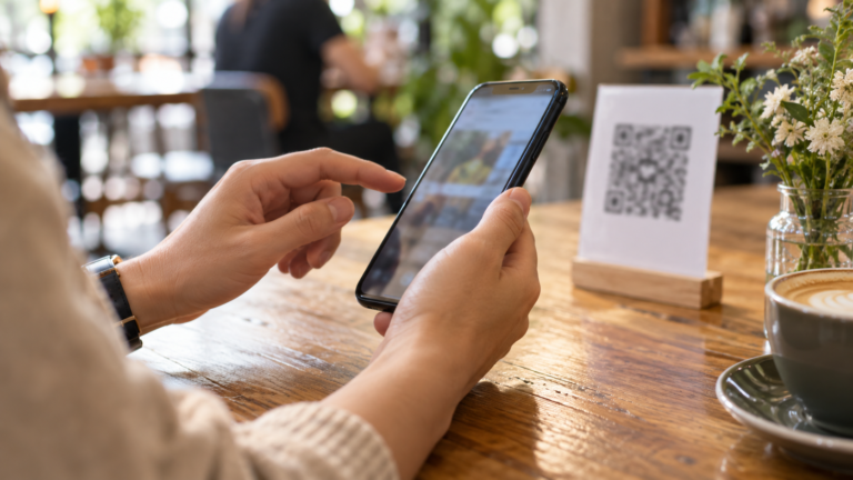 Illustration : une personne examine son téléphone devant un support à code carré.