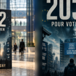 Illustration éditoriale pour 2032 : quand la technologie devient le miroir de nos libertés