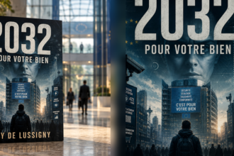 Illustration éditoriale pour 2032 : quand la technologie devient le miroir de nos libertés
