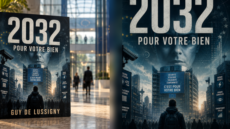 Illustration éditoriale pour 2032 : quand la technologie devient le miroir de nos libertés