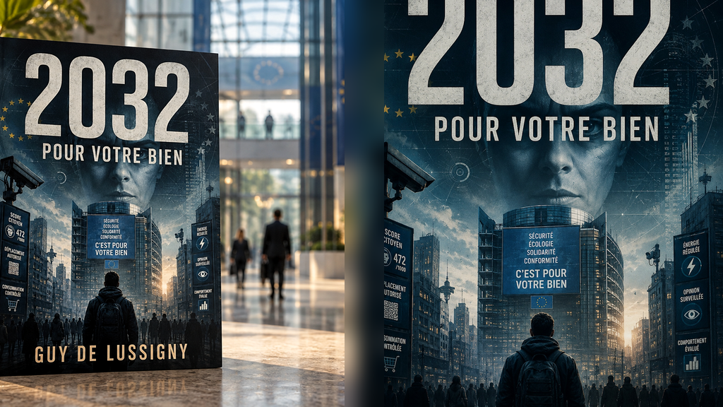 Illustration éditoriale pour 2032 : quand la technologie devient le miroir de nos libertés