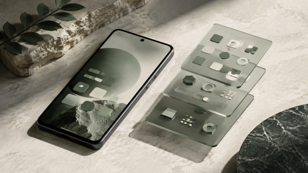 Illustration conceptuelle générée : un smartphone et des couches transparentes représentant ses composants logiciels.