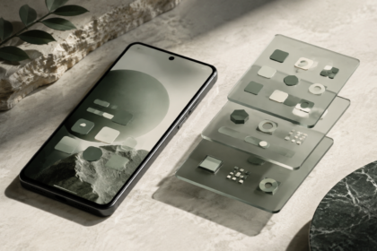 Illustration conceptuelle générée : un smartphone et des couches transparentes représentant ses composants logiciels.