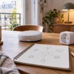 Illustration générée : équipements domestiques connectés et carnet de préparation sur une table.