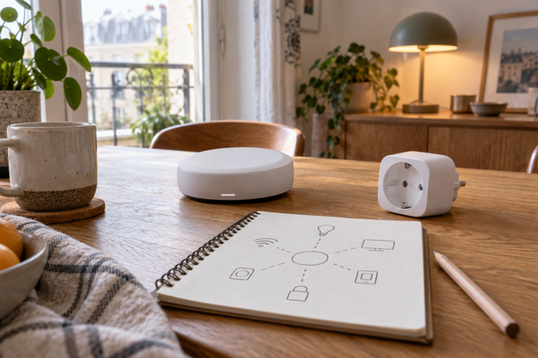 Illustration générée : équipements domestiques connectés et carnet de préparation sur une table.