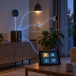 Illustration générée : serveur domestique relié aux appareils de la maison et accès en ligne facultatif, sans interface officielle ni test de Home Assistant.
