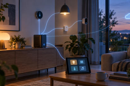 Illustration générée : serveur domestique relié aux appareils de la maison et accès en ligne facultatif, sans interface officielle ni test de Home Assistant.