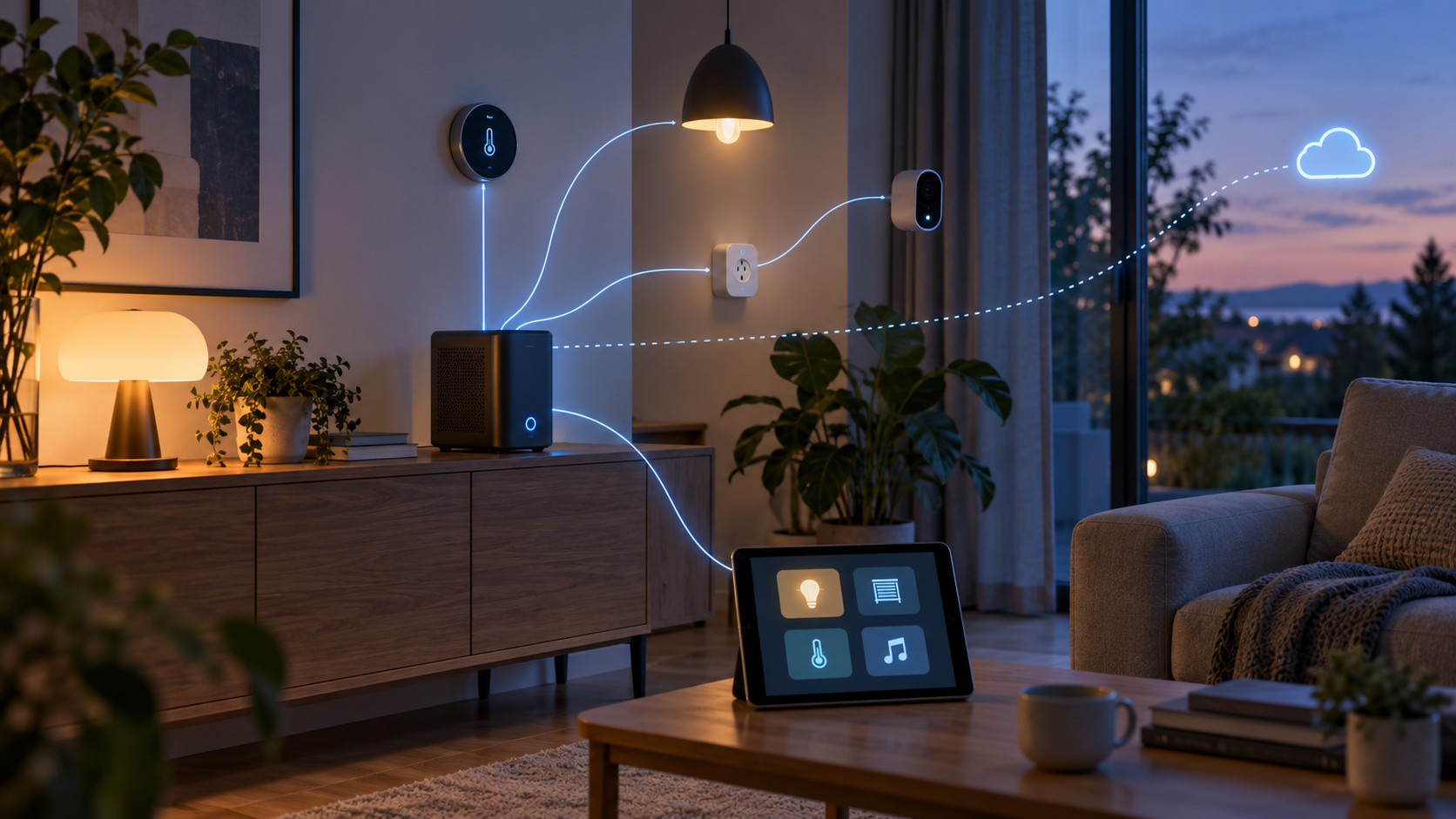 Illustration générée : serveur domestique relié aux appareils de la maison et accès en ligne facultatif, sans interface officielle ni test de Home Assistant.