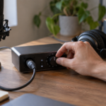 Réglage du gain sur une interface audio, près du microphone et du casque avant un enregistrement vocal.