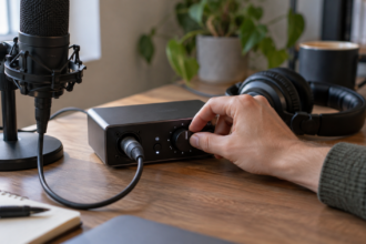 Réglage du gain sur une interface audio, près du microphone et du casque avant un enregistrement vocal.