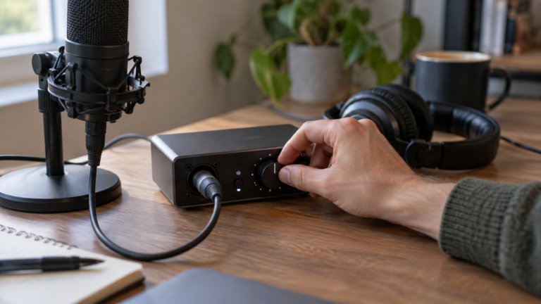 Réglage du gain sur une interface audio, près du microphone et du casque avant un enregistrement vocal.